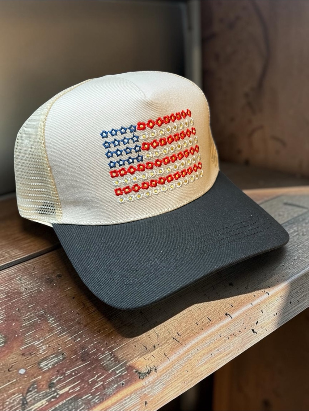 Cream and Black Trucker Hat with Embroidered American Flag